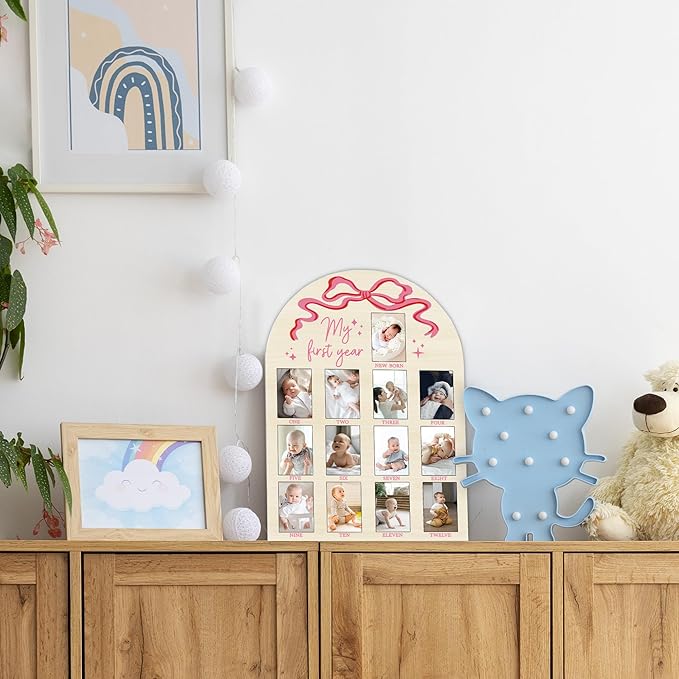 My First Year Milestone Photo Board, One Year of Wood Photo Board, 12 Monthly Baby Picture Frame, Pink Bow Nursery Decor, Girl Boy 1st Birthday Decorations, Baby Shower Keepsake Best Gift-A16