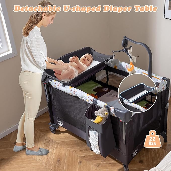 BABY JOY 4 in 1 Pack and Play, Baby Bedside Sleeper with Bassinet, 3 Adjustable Heights, Music Box, Easy to Install, Foldable Bedside Crib w/Changing Table, Playards from Newborn to Toddlers