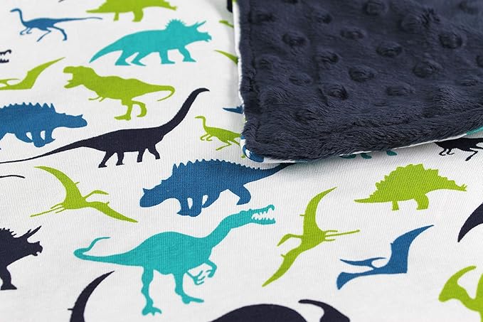 Baby Blanket - Blue and Green Dinosaurs on White with Navy Blue Minky Dot