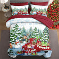 5 Pcs Twin Size Christmas Comforter Set with Pillowcase & Sham, Red Vintage Truck Snowman Bedding for Kids and Adults, Winter Snow Forest Elk Bed in a Bag with Flat Fitted Sheet