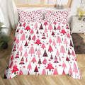 Manfei Pink Xmas Trees Duvet Cover Set Twin Size, Christmas Theme Bedding Set 2pcs for Kids Boys Girls Adults, Happy New Year Comforter Cover Soft Polyester Quilt Cover with 1 Pillowcase,No Comforter