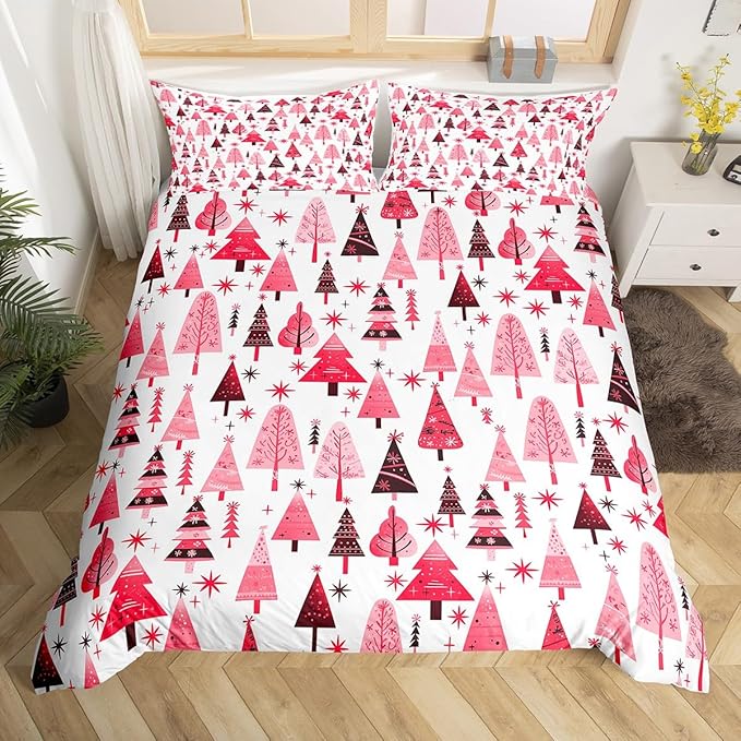 Pink Xmas Trees Duvet Cover Set Queen Size, Christmas Theme Bedding Set 3pcs for Kids Boys Girls Adults, Happy New Year Comforter Cover Soft Polyester Quilt Cover with 2 Pillowcases,No Comforter
