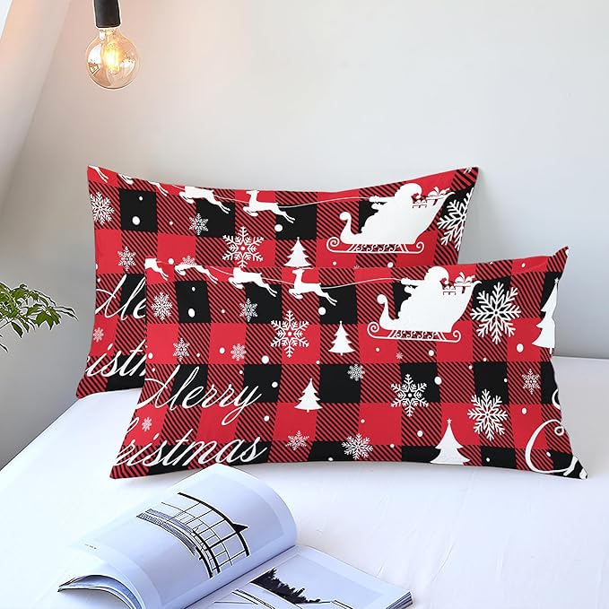 Christmas Duvet Cover Queen Size Red Black Gingham Bedding Set 3 Pcs Kids Boys Girls Christmas Deer Pattern Soft Warm Comforter Cover with Zipper Closure