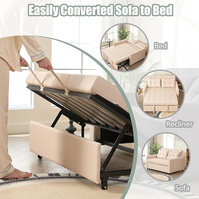 52" Sleeper Sofa with Pull-Out Bed, 3-in-1 Convertible Sofa Bed, Loveseat with Stepless Adjustable Backrest and Side Pocket, for Living Room Dorm Apartment, Linen, Beige