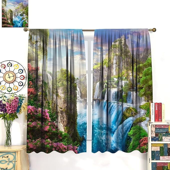 Forest Waterfall Blackout Curtain, Watercolor Tropical Jungle Waterfall Spring Flower Natural Scenery Pattern Window Drapes, for Bedroom Living Room 42" W X 54" L