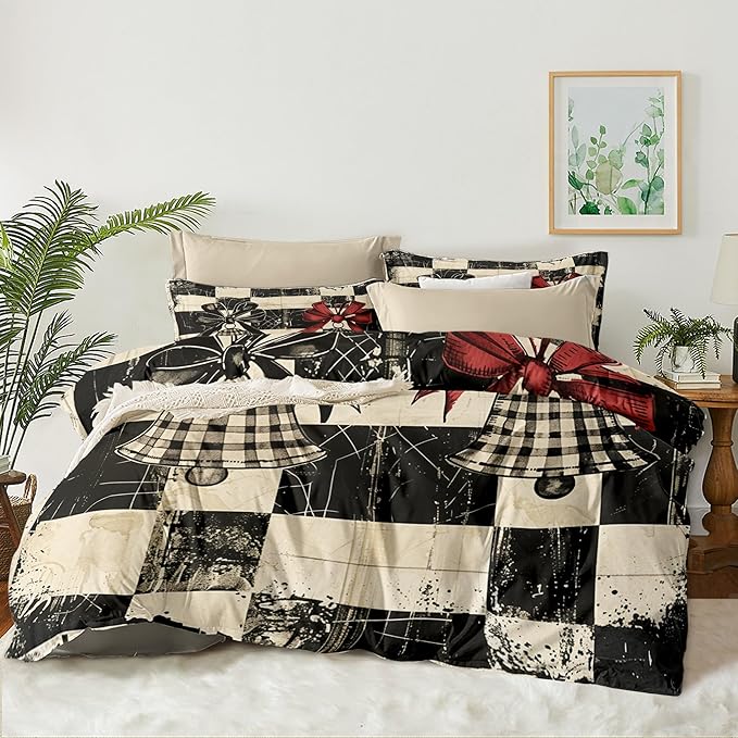 Christmas Duvet Cover Queen Size Retro Christmas Bell Gingham Bedding Set 3 Pcs Kids Boys Girls Xmas Happy Holiday Checked Pattern Comforter Cover with Zipper Closure (No Comforter)
