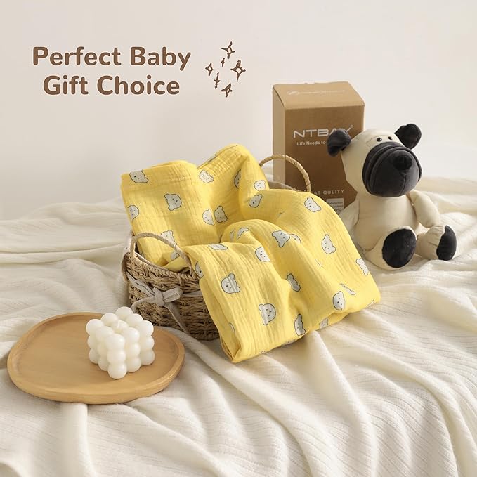 NTBAY 2 Layer Muslin Cotton Baby Swaddle Blanket, 42x60 Soft and Breathable Receiving for Newborns and Infants, Perfect for Crib, Stroller, Travel, Lightweight Nursery Blanket, Honey Bear