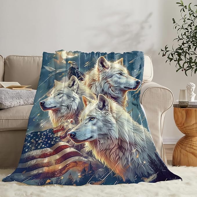 Tijuboni American Wolf Throw Blanket Wolf Gifts for Girls Boys Women Men Kids Adults Soft Flannel Fleece Blanket for Couch Sofa Bed Home Decor 60"x80"