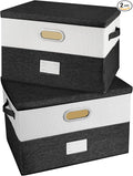 Large Linen Fabric Foldable Storage Bins with Removable Lid and Handles, Washable Storage Box Organizer Containers Baskets Cube with Cover for Bedroom,Office (Black&White, Medium(2-Pack))