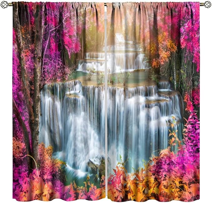 Waterfall Blackout Window Curtains, Nature Landscape Fores Theme Rod Pocket Window Drapes, for Living Room Bedroom 52" W X 84" L