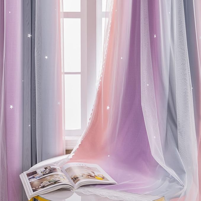 XiDi Curtains for Girls Bedroom Kids Room Unicorn Princess Theme Home Decor 84 inches Length Grey/Pink/Purple, W52 X L84 2 Panels