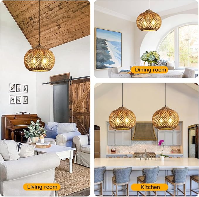 13.79" Rattan Coastal Pendant Light Fixture,Boho 2-Light Kitchen Island Ceiling Hanging Lighting Wicker Hand Woven Farmhouse Chandelier,for Bedroom, Dining Room, Entryway, Foyer