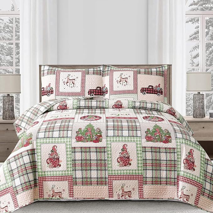 Christmas Bedding Set Queen Quilt Bedspread Coverlet,Plaid Patchwork Christmas Quilt Bedding Holiday Xmas Bedspread Lightweight Reversible Gnome Santa Claus Home Festival Decor