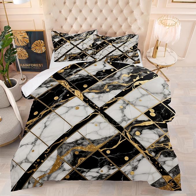 White Marble Comforter Set: Twin Size Geometric Black and Gold Bedding Sets Abstract Marbling Quilts for Teens Kids Modern Aesthetic Bed Set 1 Comforter & 1 Pillowcase