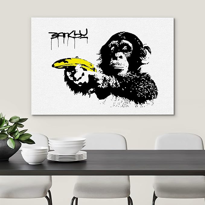 SIGNWIN Framed Canvas Wall Art Banksy Monkey with Banana Print Graffiti & Street Art Famous People Pop Art Modern Urban Multicolor for Living Room, Bedroom, Office - 12x18 inches