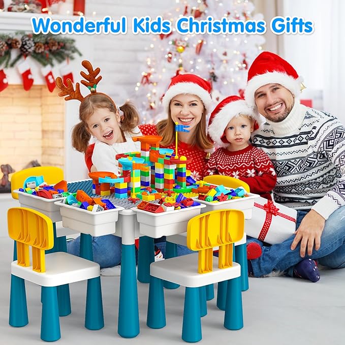 OCATO Toddlers Kids Table and Chair Set: Activity Table with 152Pcs Large Marble Run Building Blocks 4 Chairs Storage All in One Play Sensory Water Tables Sand Tables for Boys Girls 3 4 5 6 Year Old