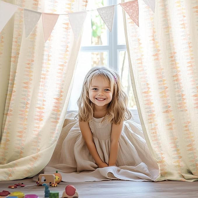 jinchan Linen Nursery Curtains for Living Room Boho Curtains for Bedroom Kids Room 84 Inches Long Pink Geometric Printed Farmhouse Drapes Rod Pocket Window Treatment Curtain Set of 2 Panels Peachy