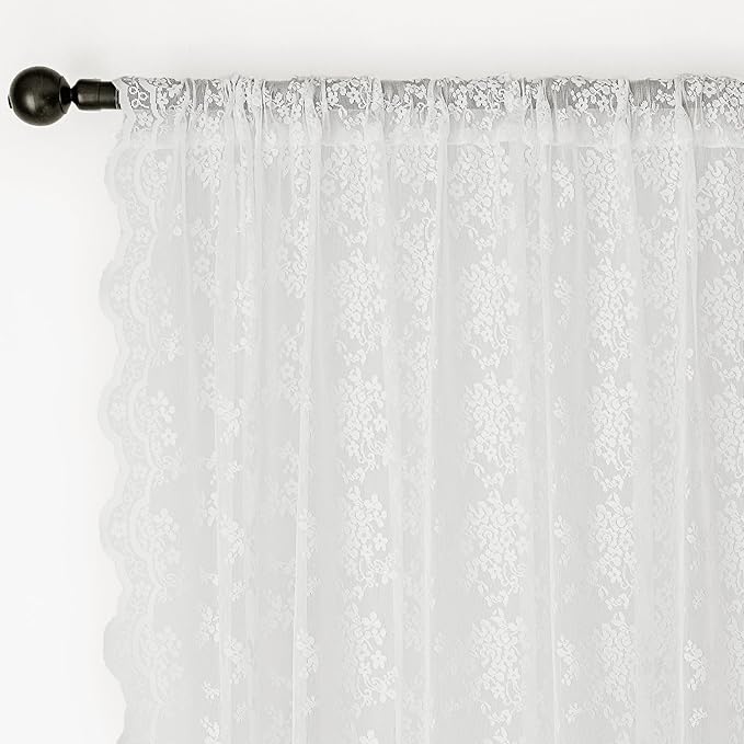Anmao Vintage Lace Curtains 96 Inches Long 2 Panels Set, Romantic Elegant Light Filtering Semi Sheer Floral Thick Lacy Curtain Drapes for Living Room and Bedroom, Each Panel 55W x 96L, Bright White
