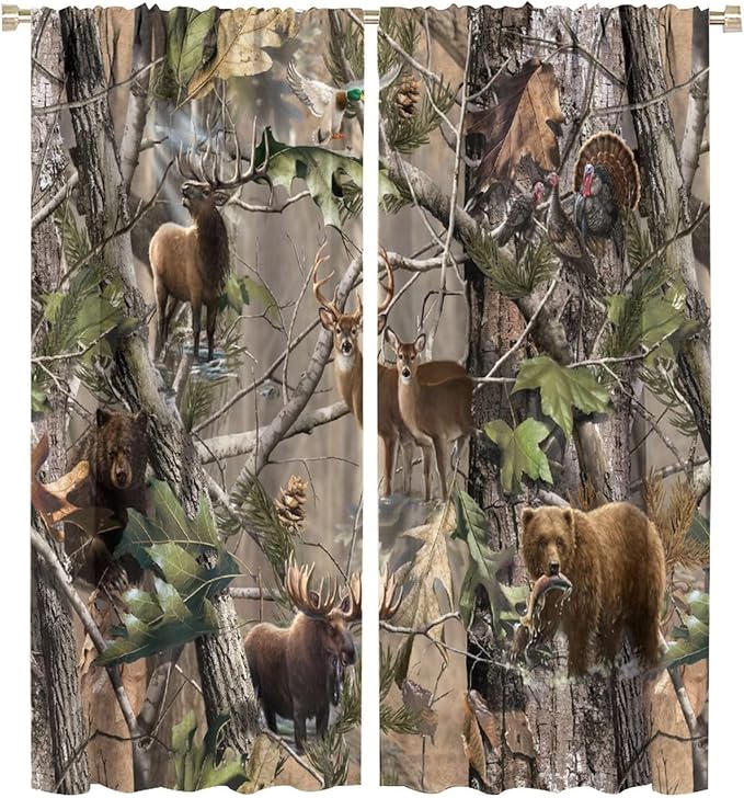 Retro Forest Window Curtains, Camouflage Hunting Tree Camo Rustic Deer Elk Bird Bear Blackout Rod Pocket Windows Door Curtain for Bedroom Living Room Home Decor 52x84in