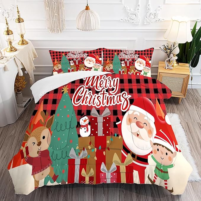 Christmas Comforter Set King Size Plaid Bedding Sets for Kids Boys Girls Bedroom Xmas Gift Christmas Festival Winter Quilt Set,1 Comforter + 2 Pillow Cases