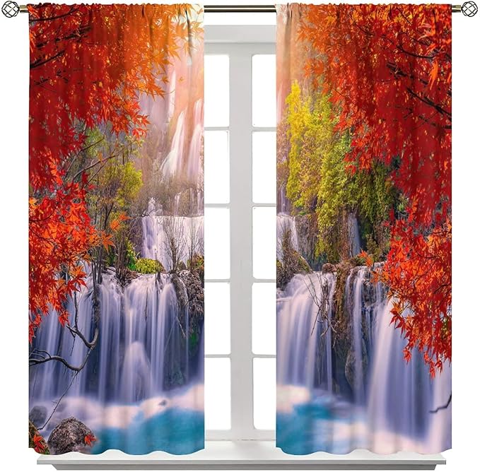 Forest Waterfall Blackout Windows Curtains, Autumn Red Green Maple Leaves Jungle Rainforest Natural Scenery Landscape Curtains, for Living Room Bedroom 42x54in 2 Panels