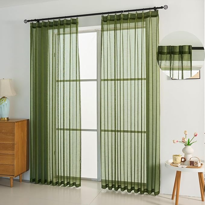 Dark Green Linen Look Pinch Pleated Sheer Curtains 90 Inches Long 2 Panels, 50 Inches Width, Rustic Textured Light Filtering Drapes, Olive Window Curtain with Hooks