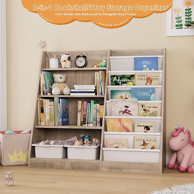 NACHES 4 Tier Kid Bookshelf Wooden 6 Sling Children Bookcase Toddler Montessori Book Rack Display Toy Storage Organizer Adjustable Book Shelf Classroom Bedroom Nursery Playroom (Grey Wood, Large)