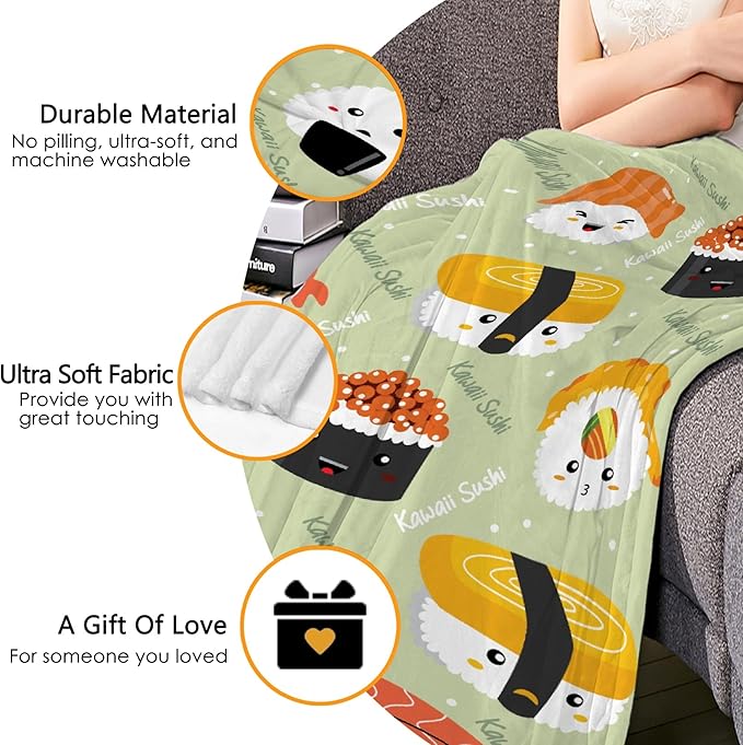 Thuswarm Cute Sushi Kawaii Flannel Throw Blanket Warm Cozy Soft Cartoon Food Print Blankets for Bed Couch Sofa Room Decoration Gifts 40”×30” XSmall for Pets