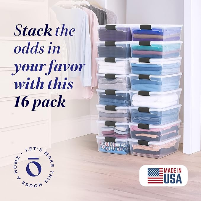 HOMZ 16-Pack Secure Latch, Clear Plastic Storage Organizer Bins, 15.5 Quart, Gray - Stackable Container Boxes for Bedroom, Bathroom, Garage, and Office Organization