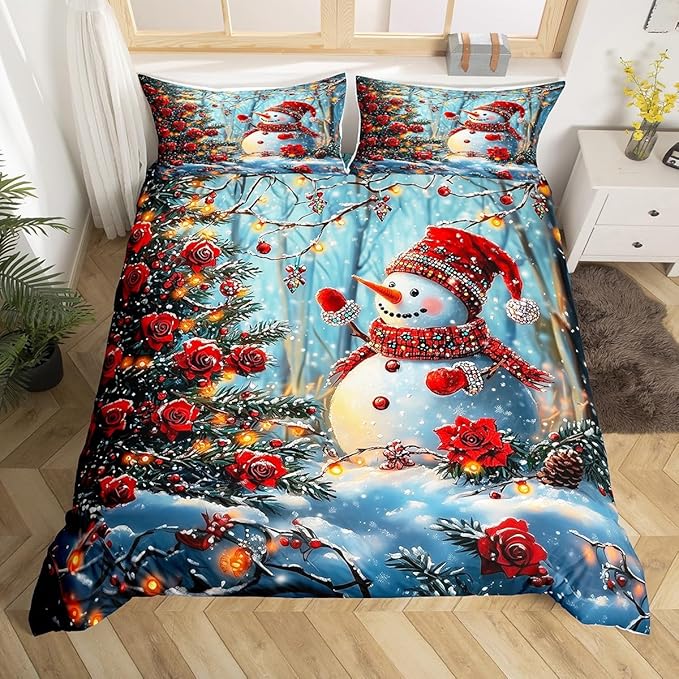 Manfei Christmas Kids Duvet Cover Set King Size, Cute Snowman Xmas Bedding Set for Boy Girls Room Decor, Red Flower New Year Comforter Cover, Lightweight Bedspread Cover, 2 Pillowcases, No Comforter