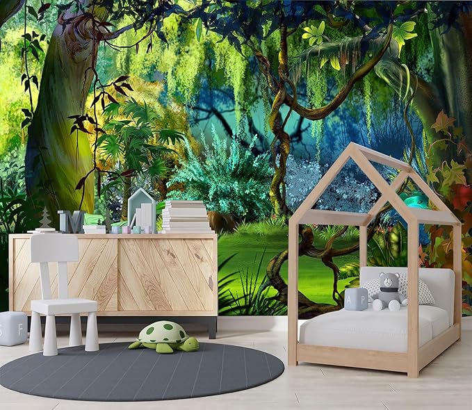 XMPMBM-Cartoon Plant Dreamy Forest Fabric Wallpaper Botanical Woodland Nursery Room Wall Mural-W 132" X H 92"（93 Square Foot）