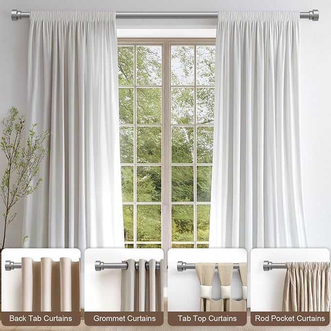 Modern Silver Curtain Rods for Windows 28 to 48 Inches Adjustable Length Heavy Duty 1" Diameter Window Curtain Rod with Decorative Finials for Outdoor Bedroom Kitchen Living Room