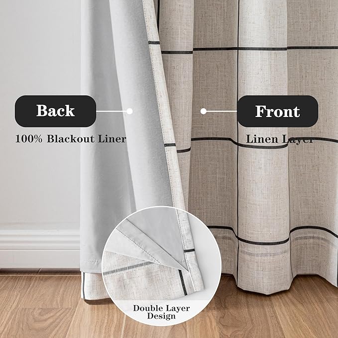 MYSKY HOME 100% Blackout Plaid Linen Curtains 45 Inches Long Double Layer Farmhouse Thermal Insulated Checkered Print Drapes with Rod Pocket Back Tab for Small Window, 2 Panels, 52" Wide, Black