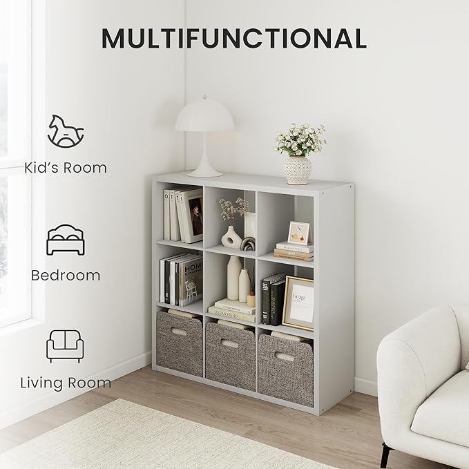 White 9 Cube Storage Organizer with Thickness Wooden Board, Wooden Nice Cube Storage Organizer, 9 White Cubbies Shelf for Bedroom, Living Room, Playroom, 14.6" × 43.8" × 43.8"