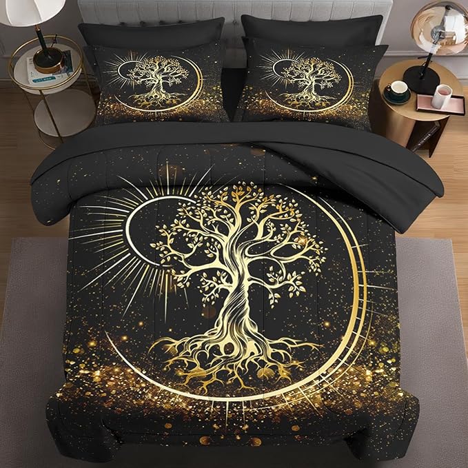 5 Pcs Twin Size Comforter Set with Pillowcase & Sham, Black Sun and Moon Bedding for Kids and Adults, Nature Tree of Life Bed in a Bag with Flat Fitted Sheet