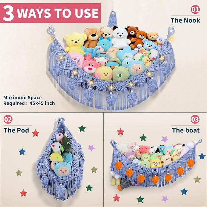 Stuffed Animal Hammock Corner, 56'' Jumbo Boho Macrame Leaf Wall Hanging Toy Hammock Net Organizer for Stuffy Plushie, Cornflower Blue Stuffed Animal Net w/Star Light for Kid Girls Boys Gift