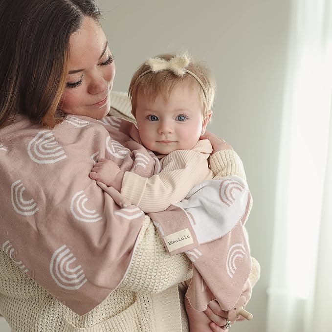 Knit Baby Swaddle Blanket for Girls - 100% Cotton Buttery Soft Cozy Receiving Swaddle Stroller Blanket for Shower Gift Registry for Newborns, Infants, Toddlers (Rainbow - Pink)