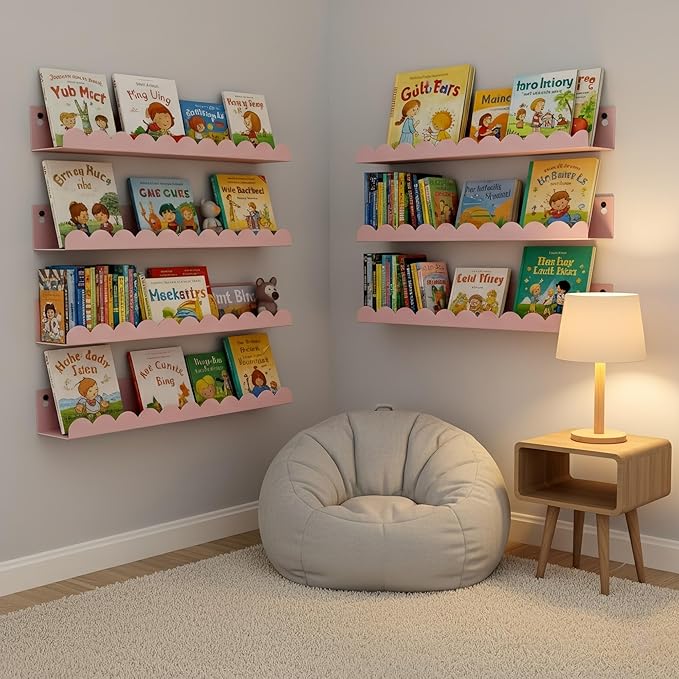 Nursery Book Shelves Set of 6, Pink Metal Floating Shelves for Wall, 16 Inch Scalloped Book Shelf for Kids Room, Bathroom, Bedroom, Playroom Wall Decor & Storage