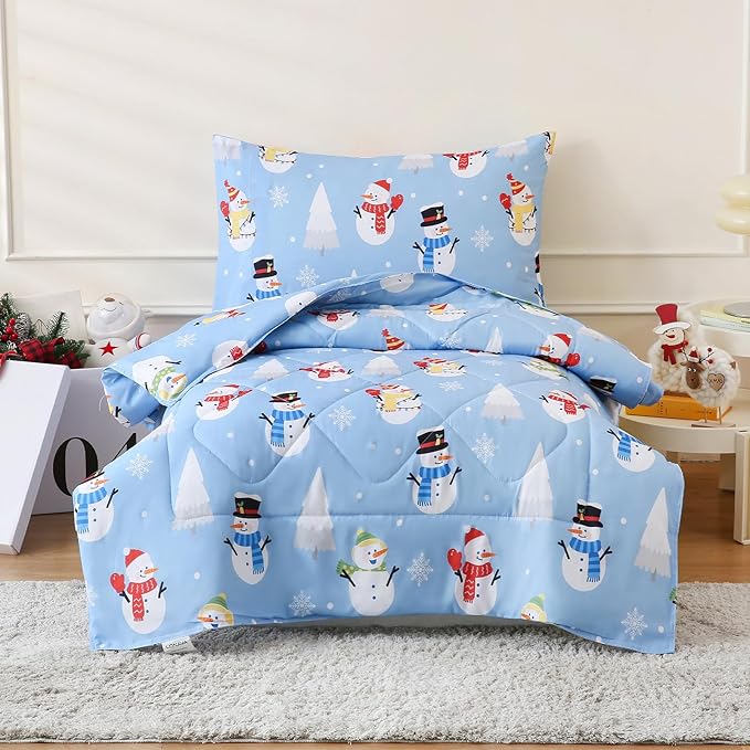 LONAVA Winter Twin Kids Comforter Set - 4 Pieces Twin Bedding Sets for Boys Girls Children, Ultra Soft Microfiber Bed in A Bag with Flat Fitted Sheets, Snowman
