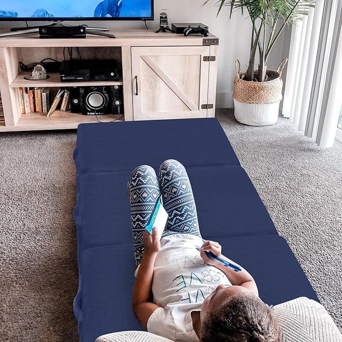 MeMoreCool Foldable Floor Mattress for Kids, Toddler Floor Nap Mat for Sleeping Daycare, Small Child Foldable Mattress Floor Bed, Trifold Futon Portable Tri Folding Mattress, Navy 75x25 Inch