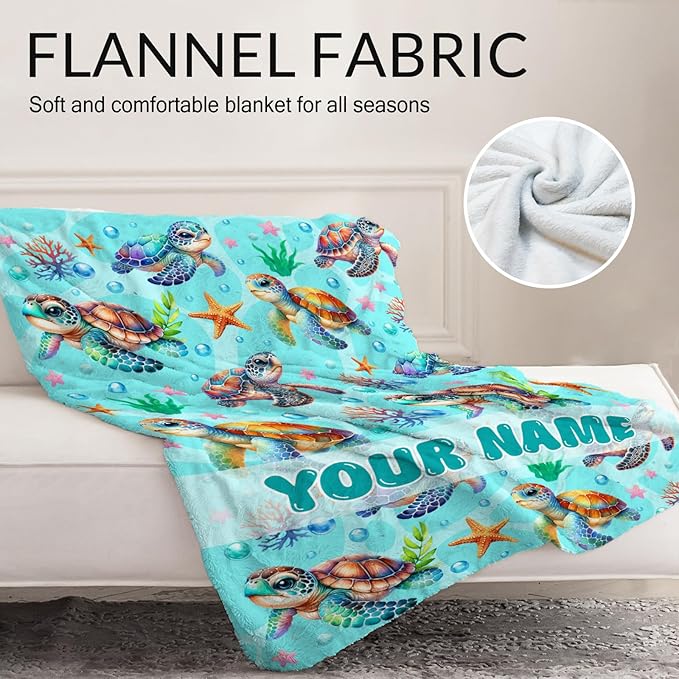 Custom Turtle Throw Blanket for Kids - 50" x 60" Inches Cute Turtle Blanket for Girls - Green Warm Cozy Throws for Couch, Bed & Travel