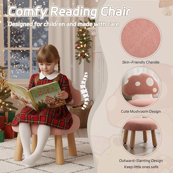 Pink Kids Chairs Toddler Chair Comfy Chenille Toddler Couch Sofa, Armless Boys Girls Desk Chairs, Upholstered Muchroom Kid Reading Chairs, Girls Desk Chair for Bedoom/Playroom/Gifts, Pink