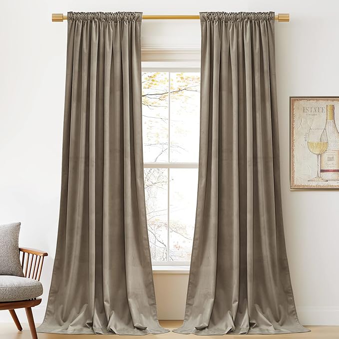 StangH Camel Beige Velvet Curtains 94 inches Long Back Tab Soft Thermal Insulated Noise Reducing Window Drapes Home Decor for Bedroom Living Room, W52 x L94, 2 Panels