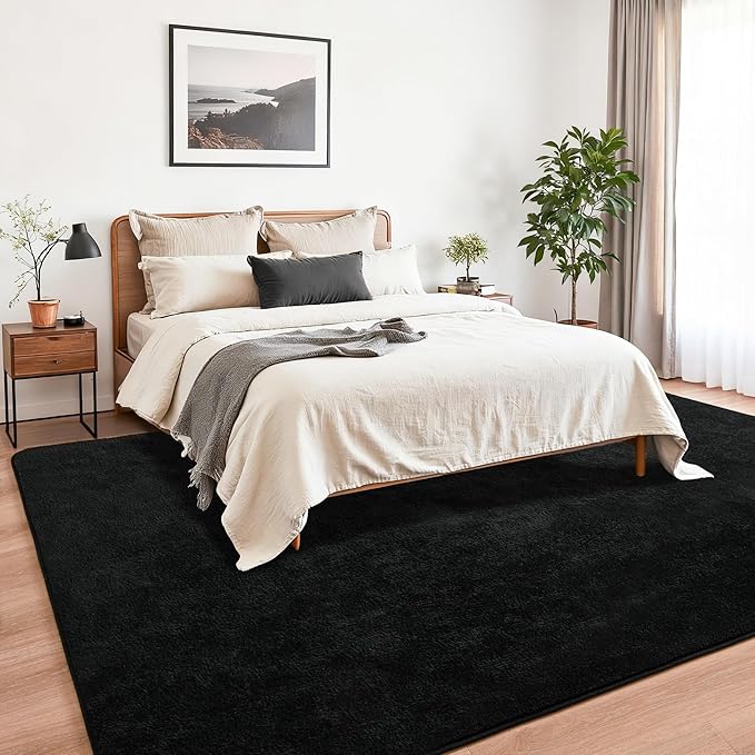Chicrug 7x10 Minimalist Washable Area Rugs for Bedroom Living Room Classroom, Modern Soft Memory Foam Rug for Kids Nursery, Low Plie Indoor Carpet for Dorm Dining Office Bedside Room Decor, Black