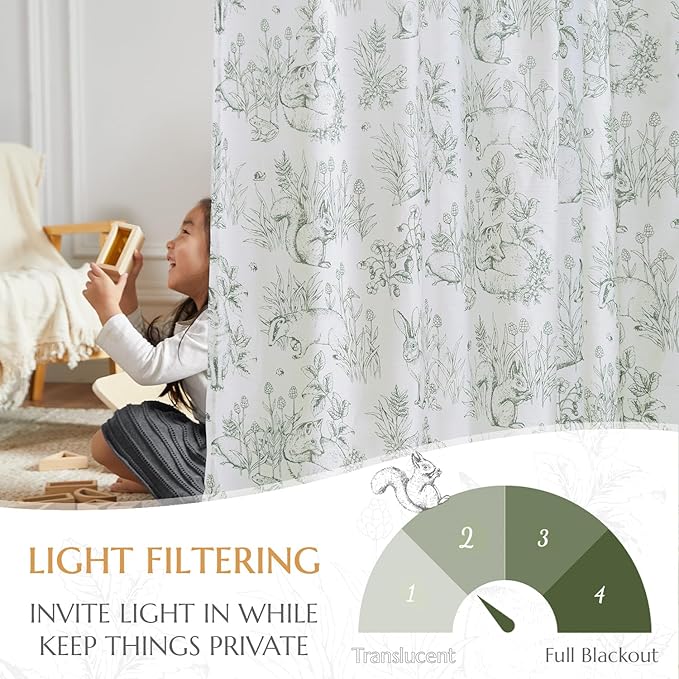 jinchan Linen Nursery Curtains 72 inch Long Woodland Wildlife Sage Green Print Drapes for Kid's Room Light Filtering French Country Farmhouse Curtains with Bunny and Forest Design Set of 2 Panels