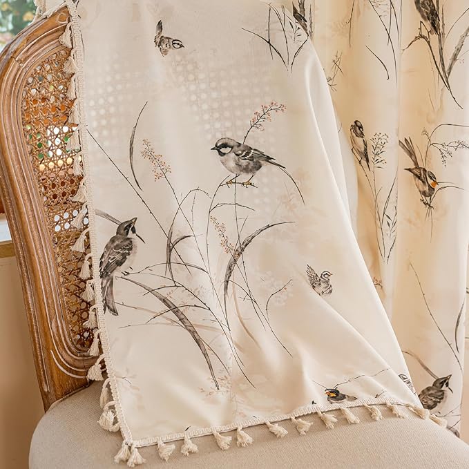 ENJOYBRIDAL Bird Patterned Curtains 63 Inch Long Semi Sheer Living Room Drapes Floral Bedroom Printed Short Window Curtain Panels Boho 2 Panels Farmhouse Botanical Rod Pocket Window Treatments