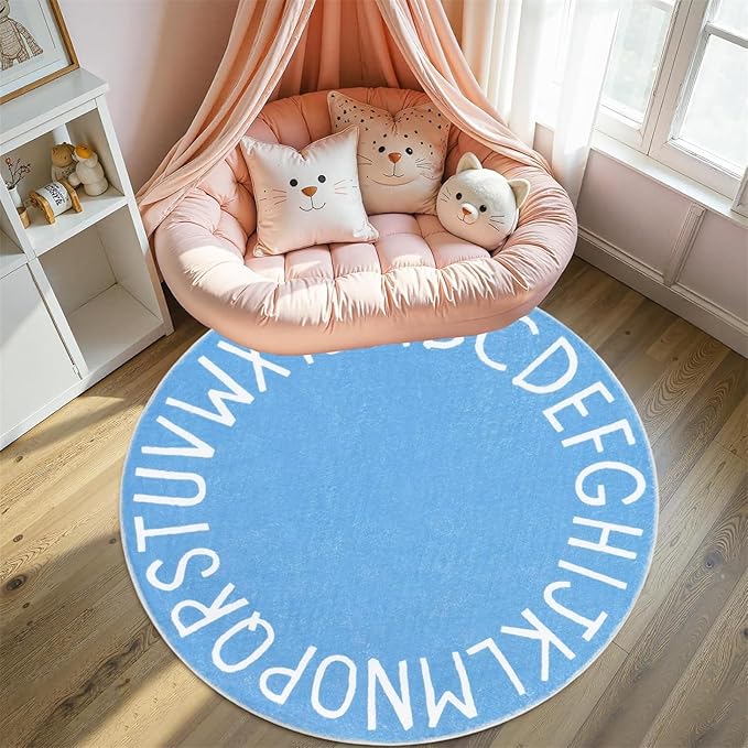 Round ABC Kids Carpet Alphabet Nursery Area Rug Extra Large Soft Crawling Play Mat Suitable for Children's Bedrooms - Non-Slip and Machine Washable-8ft Blue