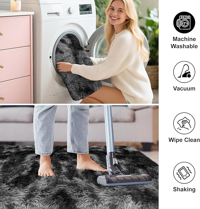 2x3 ft Shaggy Small Black Rug, Tie Dye Soft Fluffy Carpet Bedside Fuzzy Area Rug Non-Slip Bottom for Nursery Kids Bedroom Door Indoor Dog Mat Living Room Home Decor Aesthetic