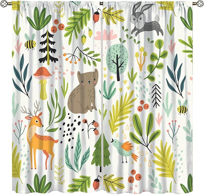 Kid Forest Animal Curtains,Woodland Animal Cartoon Watercolor Forest Hedgehog Fox Toddler Boys Girls Bedroom Living Room Window Drapes 42x63in