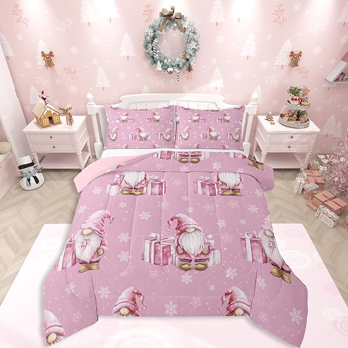 Feelyou Pink Christmas Bedding Set Soft for Boys Girls, Scandinavian Christmas Santa Gnomes Comforter Set Full Size Xmas Snowflake Duvet Quilt Bedroom Decor 3 Pcs with 2 Pillow Cases